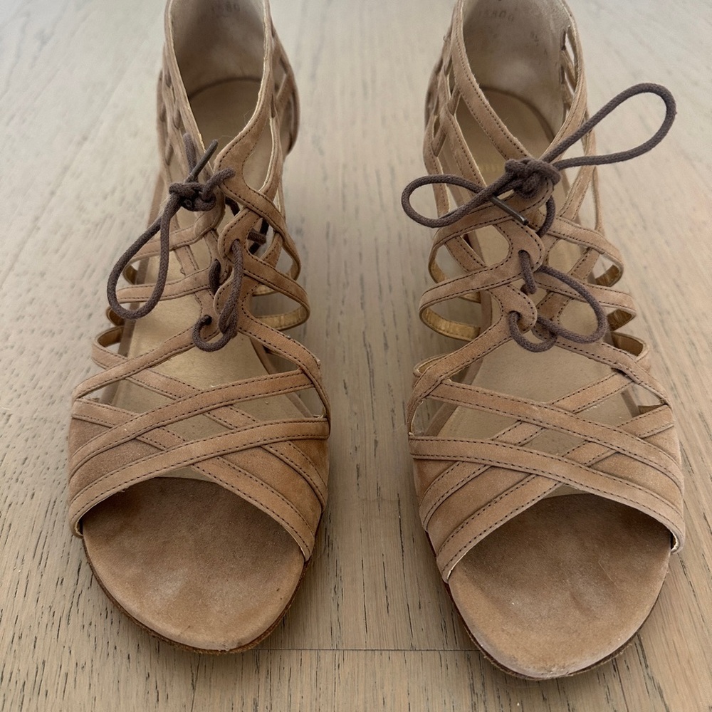 Stuart Weitzman Tan Suede Lace-Up Open-Toe Heels